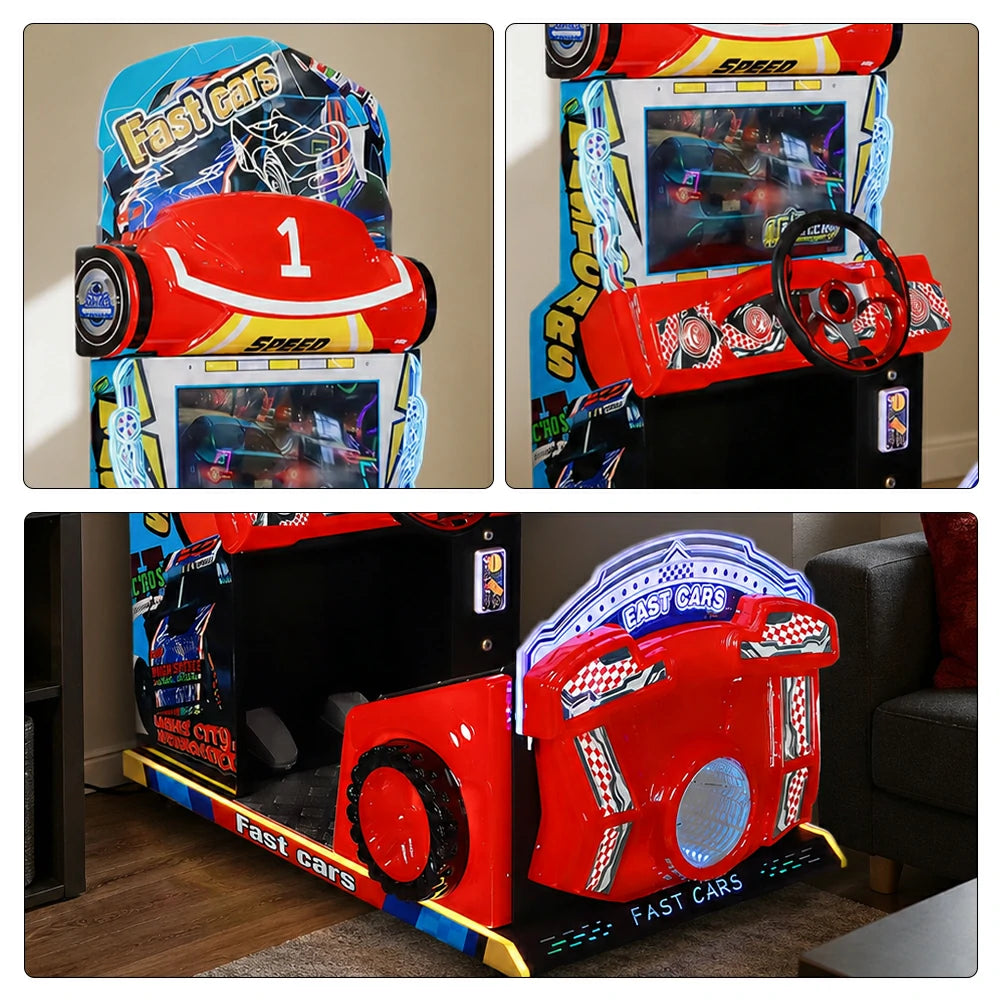 GAMEON Kids Racing Simulator - Interactive Driving Arcade Machine with Steering Wheel, HD Display & Coin Operation for Family Entertainment - Red