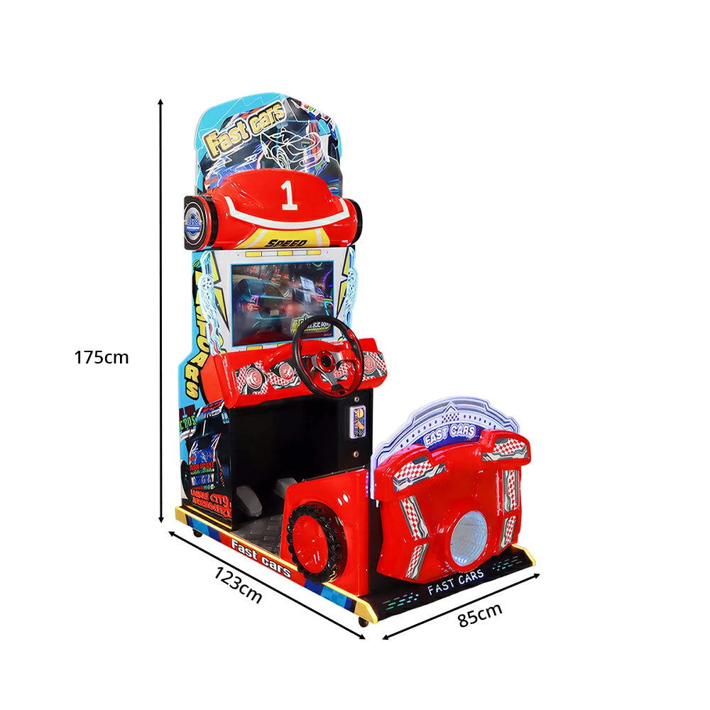 GAMEON Kids Racing Simulator - Interactive Driving Arcade Machine with Steering Wheel, HD Display & Coin Operation for Family Entertainment - Red