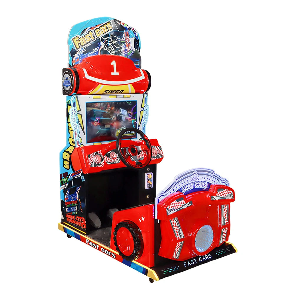 GAMEON Kids Racing Simulator - Interactive Driving Arcade Machine with Steering Wheel, HD Display & Coin Operation for Family Entertainment - Red