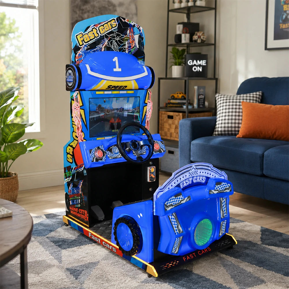 GAMEON Kids Racing Simulator - Interactive Driving Arcade Machine with Steering Wheel, HD Display & Coin Operation for Family Entertainment - Blue