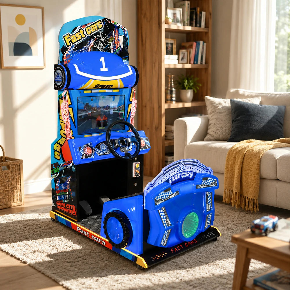GAMEON Kids Racing Simulator - Interactive Driving Arcade Machine with Steering Wheel, HD Display & Coin Operation for Family Entertainment - Blue