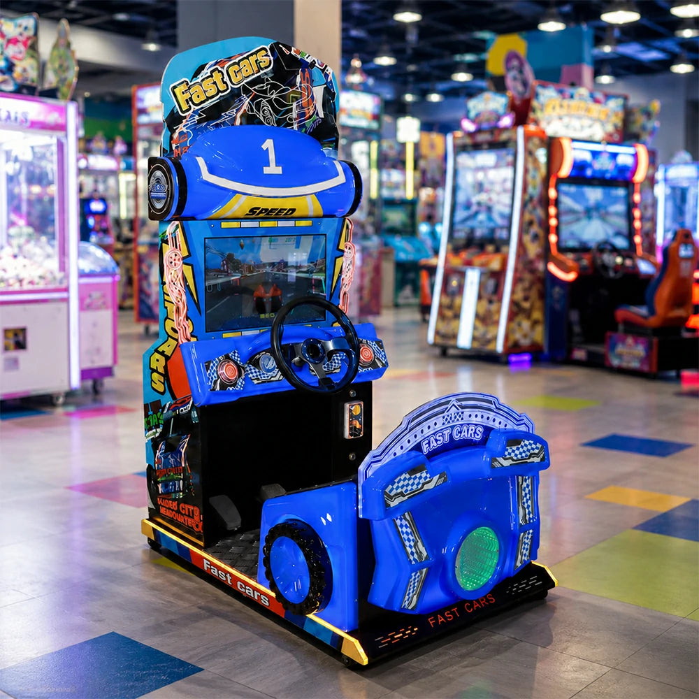 GAMEON Kids Racing Simulator - Interactive Driving Arcade Machine with Steering Wheel, HD Display & Coin Operation for Family Entertainment - Blue