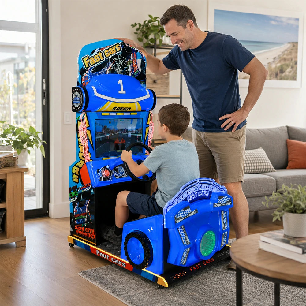 GAMEON Kids Racing Simulator - Interactive Driving Arcade Machine with Steering Wheel, HD Display & Coin Operation for Family Entertainment - Blue