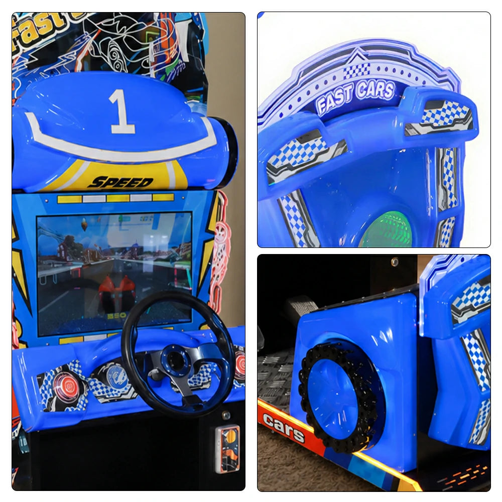 GAMEON Kids Racing Simulator - Interactive Driving Arcade Machine with Steering Wheel, HD Display & Coin Operation for Family Entertainment - Blue