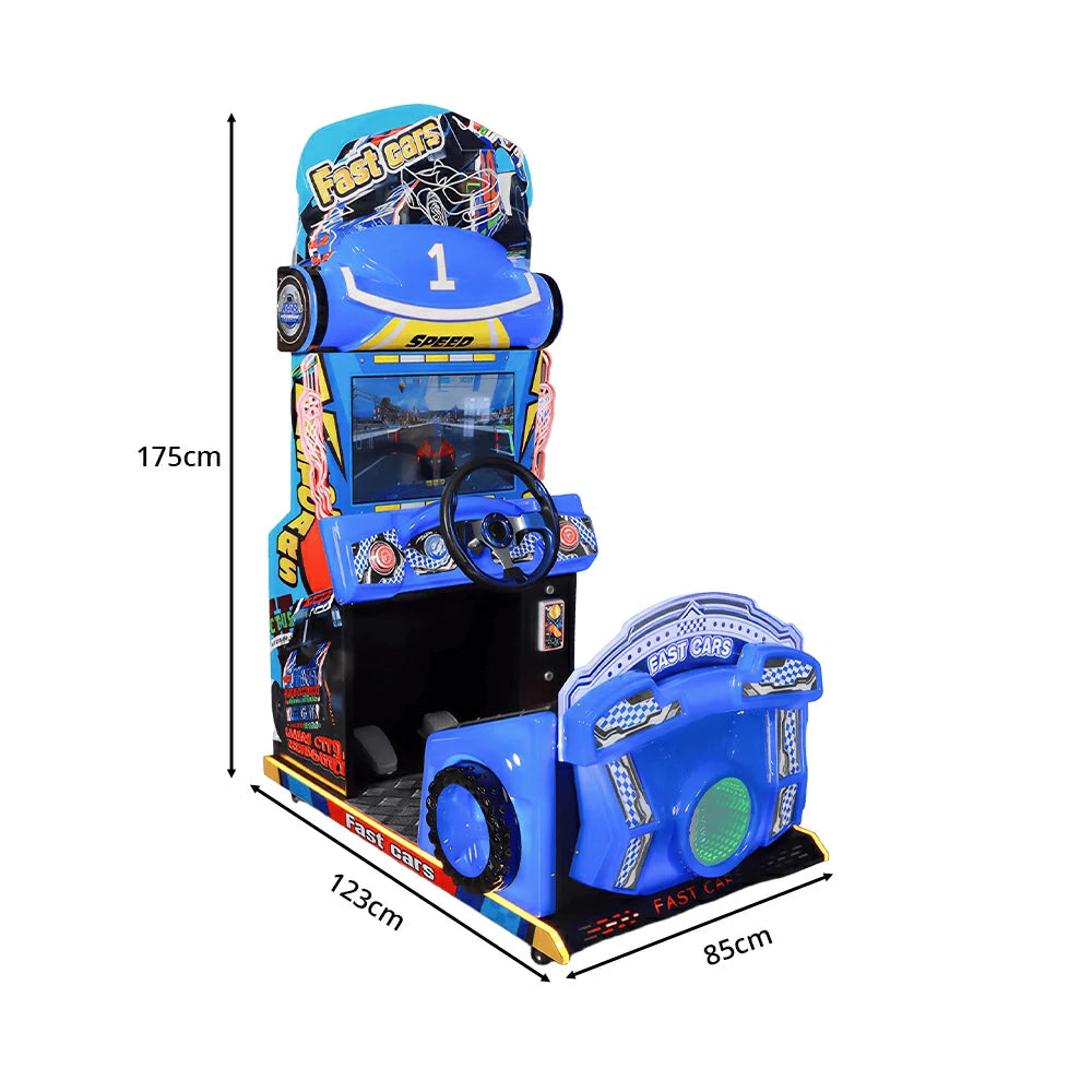 GAMEON Kids Racing Simulator - Interactive Driving Arcade Machine with Steering Wheel, HD Display & Coin Operation for Family Entertainment - Blue
