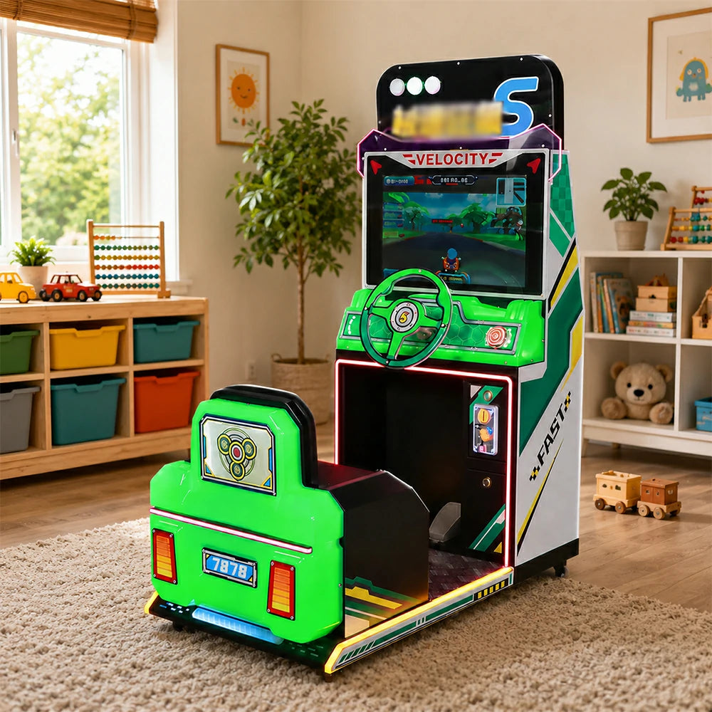 GAMEON Kids Racing Simulator - Interactive Driving Arcade Machine with Steering Wheel, HD Display & Coin Operation for Family Entertainment - Green