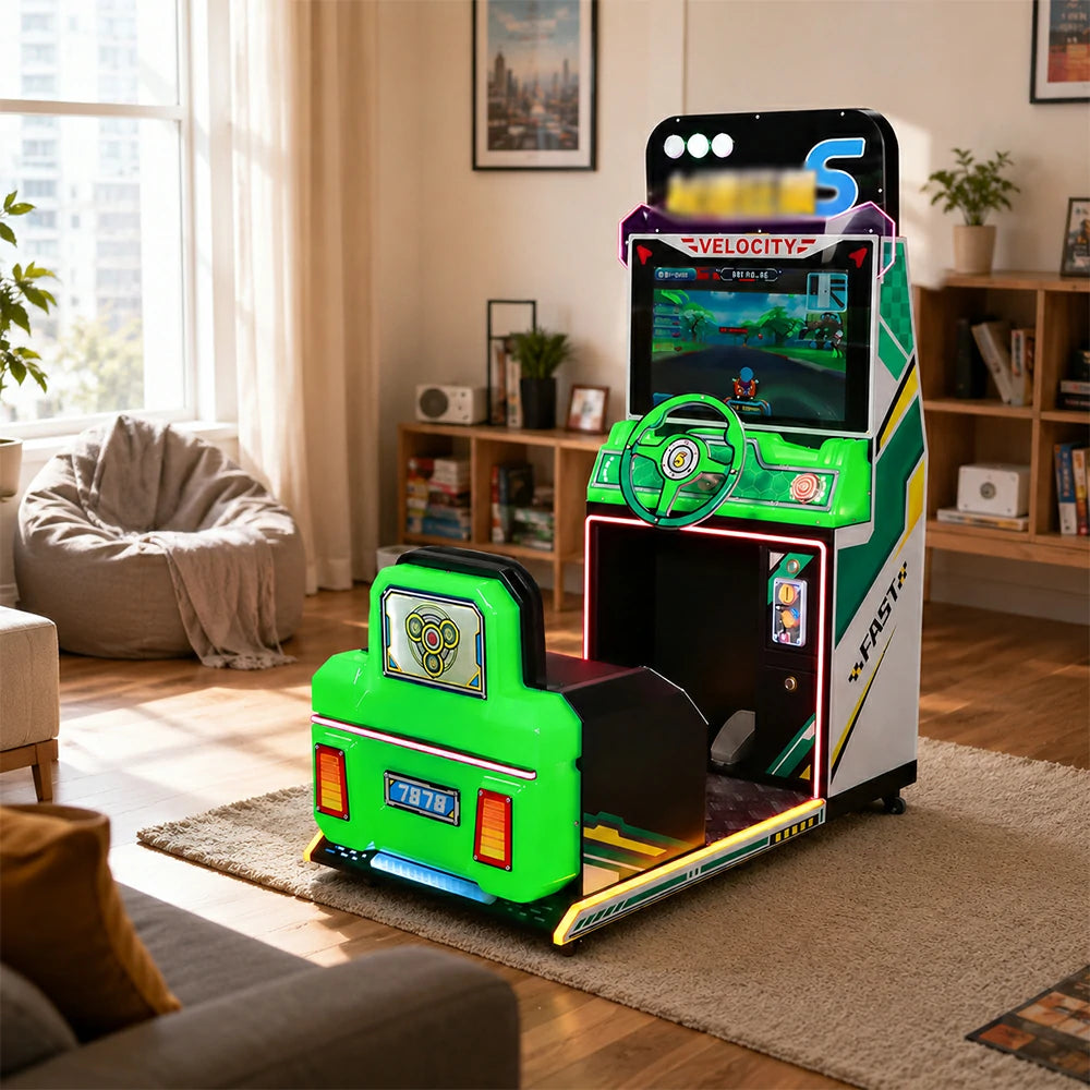 GAMEON Kids Racing Simulator - Interactive Driving Arcade Machine with Steering Wheel, HD Display & Coin Operation for Family Entertainment - Green