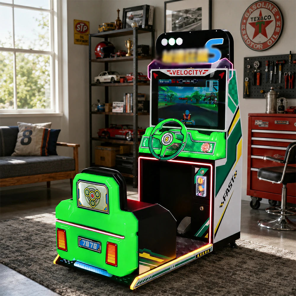 GAMEON Kids Racing Simulator - Interactive Driving Arcade Machine with Steering Wheel, HD Display & Coin Operation for Family Entertainment - Green