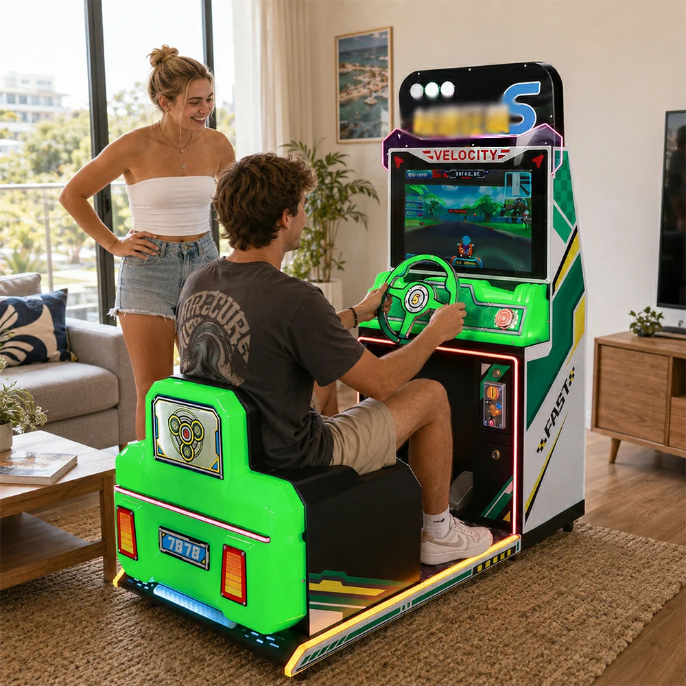 GAMEON Kids Racing Simulator - Interactive Driving Arcade Machine with Steering Wheel, HD Display & Coin Operation for Family Entertainment - Green