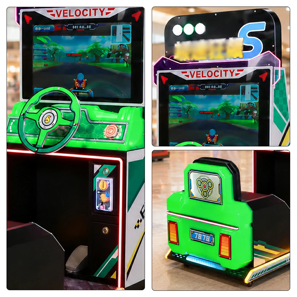 GAMEON Kids Racing Simulator - Interactive Driving Arcade Machine with Steering Wheel, HD Display & Coin Operation for Family Entertainment - Green