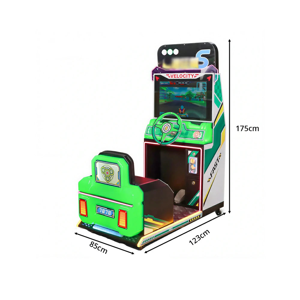 GAMEON Kids Racing Simulator - Interactive Driving Arcade Machine with Steering Wheel, HD Display & Coin Operation for Family Entertainment - Green