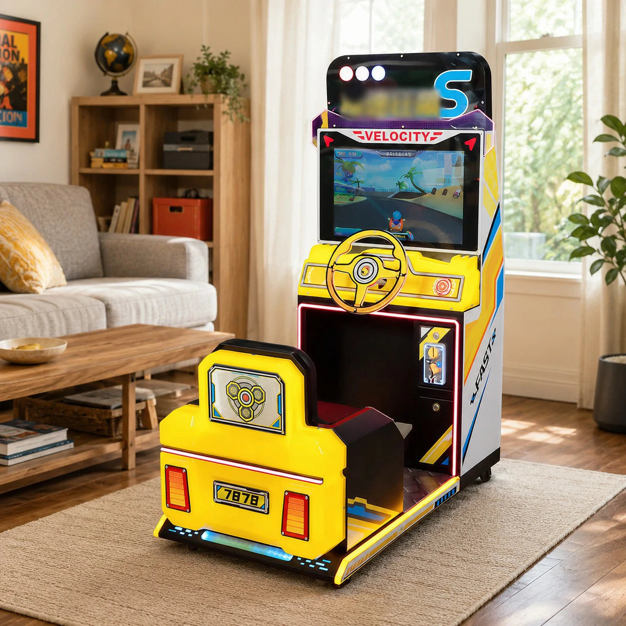 GAMEON Kids Racing Simulator - Interactive Driving Arcade Machine with Steering Wheel, HD Display & Coin Operation for Family Entertainment - Yellow