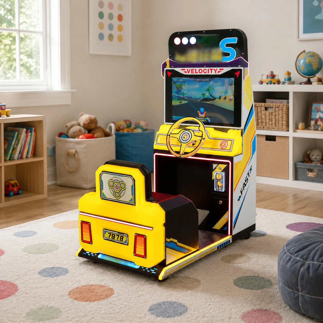 GAMEON Kids Racing Simulator - Interactive Driving Arcade Machine with Steering Wheel, HD Display & Coin Operation for Family Entertainment - Yellow