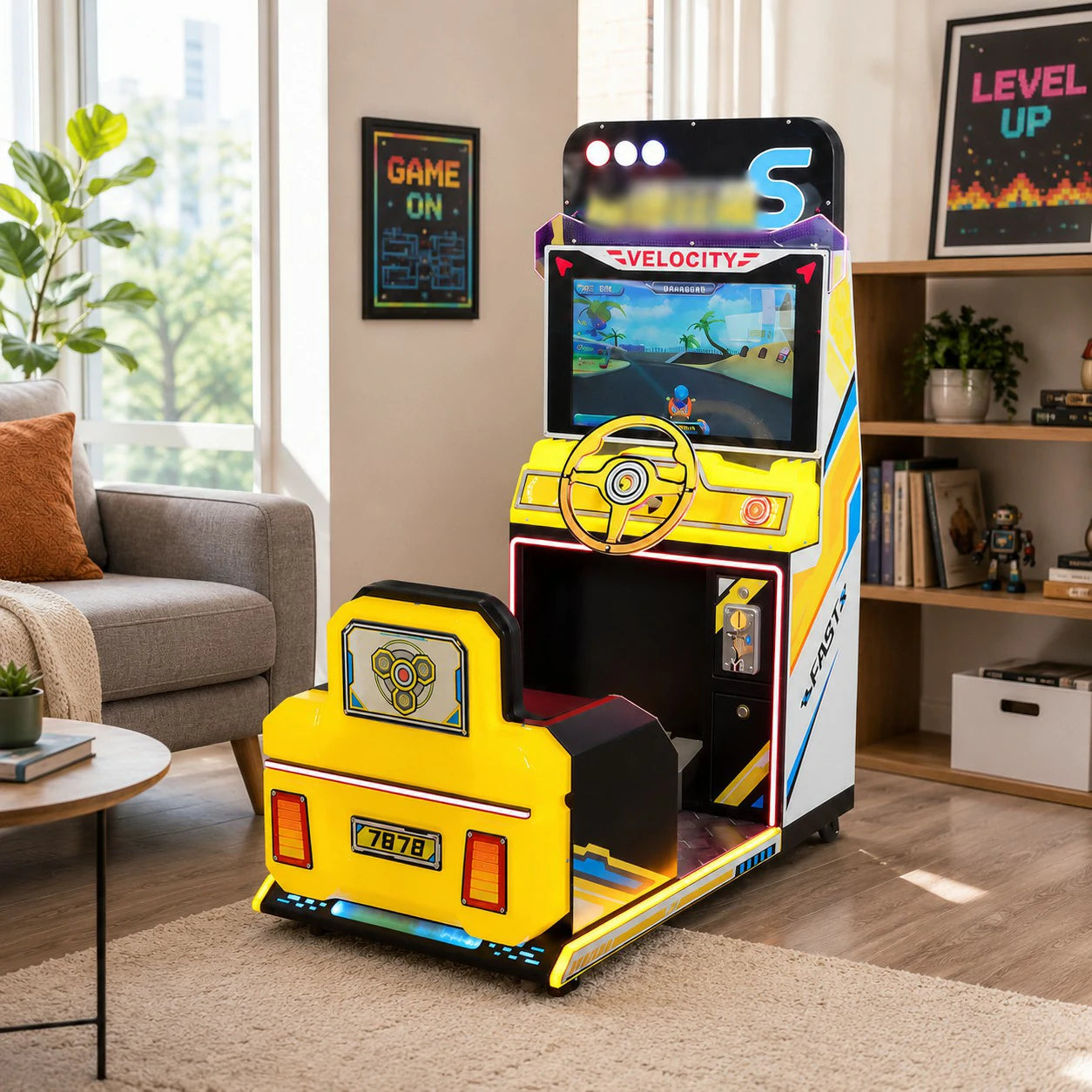 GAMEON Kids Racing Simulator - Interactive Driving Arcade Machine with Steering Wheel, HD Display & Coin Operation for Family Entertainment - Yellow