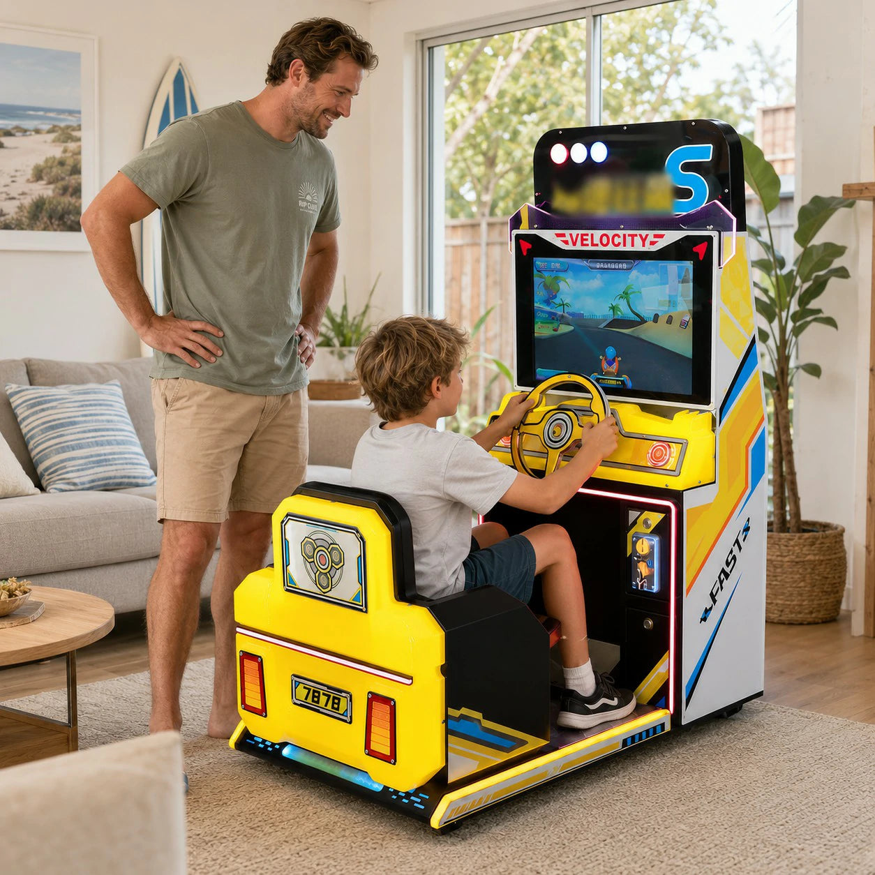 GAMEON Kids Racing Simulator - Interactive Driving Arcade Machine with Steering Wheel, HD Display & Coin Operation for Family Entertainment - Yellow
