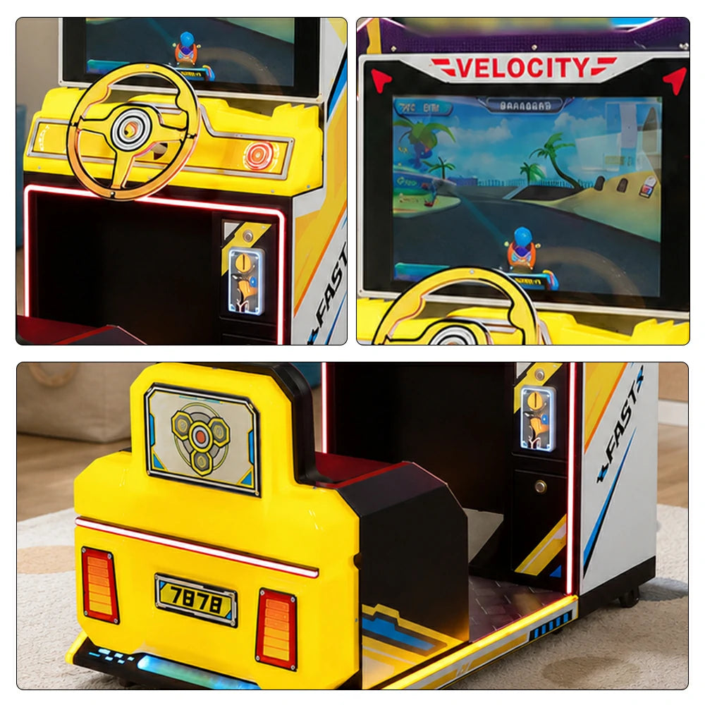 GAMEON Kids Racing Simulator - Interactive Driving Arcade Machine with Steering Wheel, HD Display & Coin Operation for Family Entertainment - Yellow