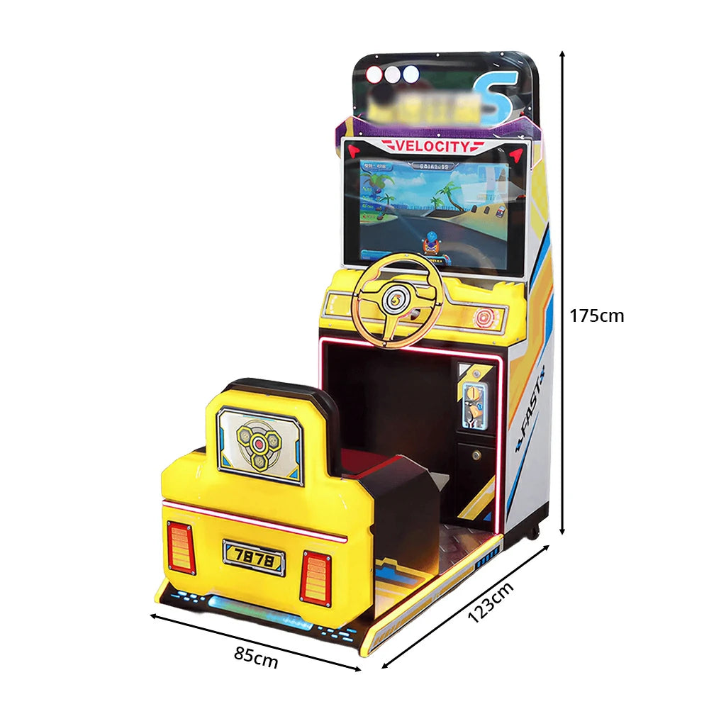 GAMEON Kids Racing Simulator - Interactive Driving Arcade Machine with Steering Wheel, HD Display & Coin Operation for Family Entertainment - Yellow