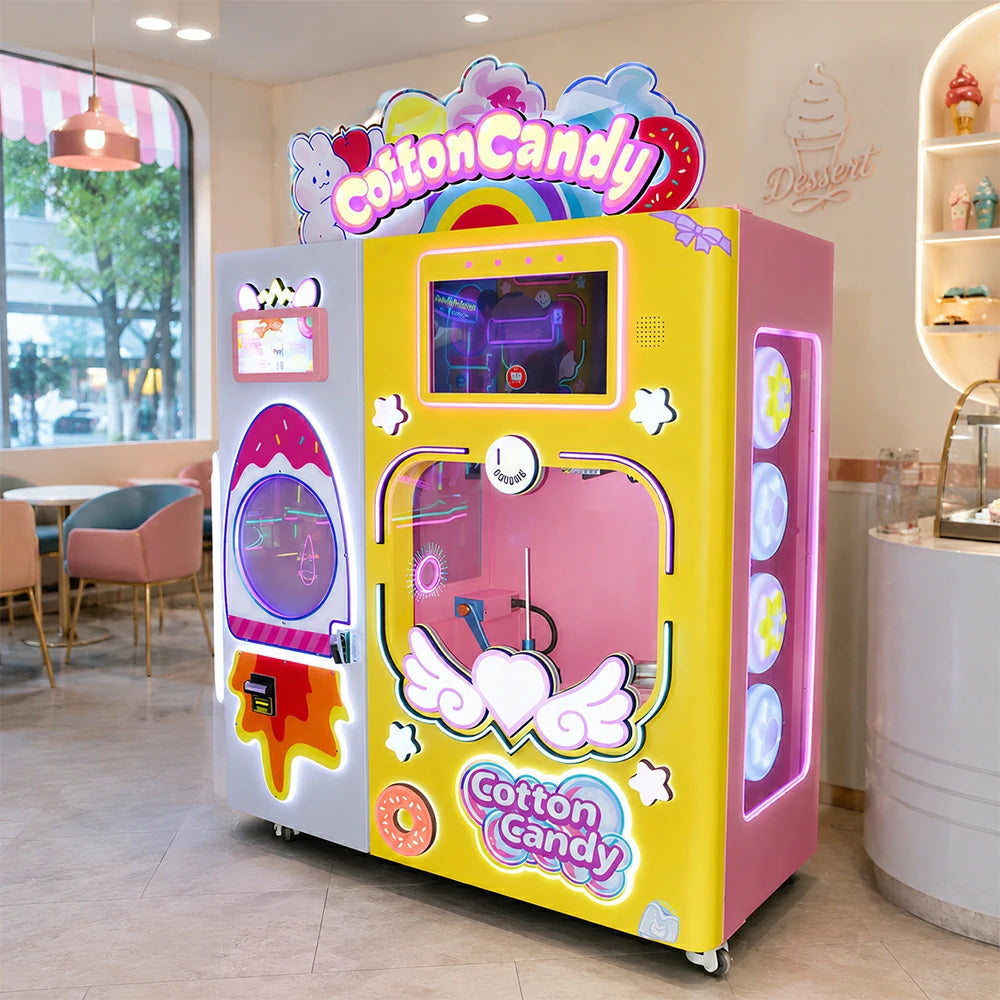 GAMEON Automatic Cotton Candy Machine - Smart Self-Service Candy Vending Machine with Touch Screen, Multiple Flavours & Payment Options for Commercial Use - Yellow
