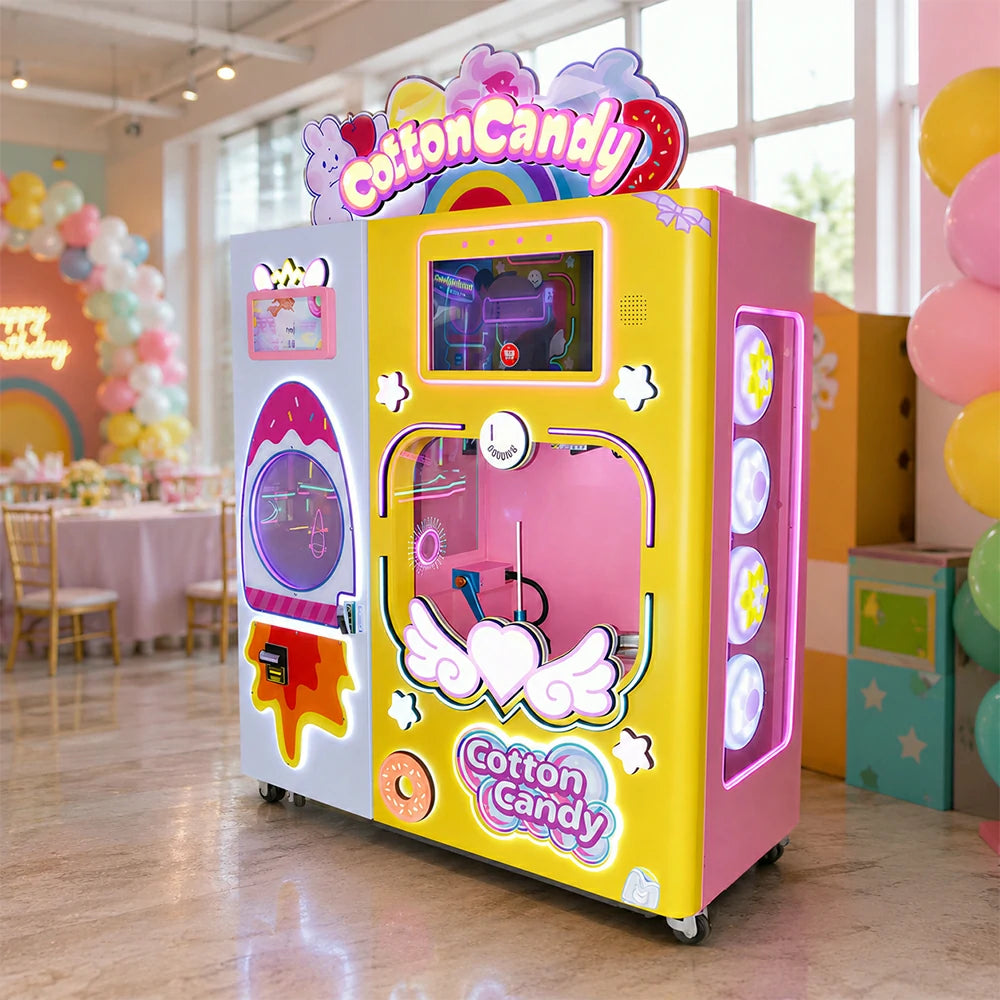 GAMEON Automatic Cotton Candy Machine - Smart Self-Service Candy Vending Machine with Touch Screen, Multiple Flavours & Payment Options for Commercial Use - Yellow