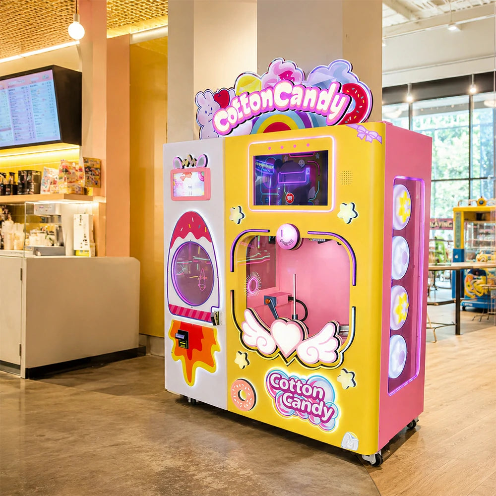 GAMEON Automatic Cotton Candy Machine - Smart Self-Service Candy Vending Machine with Touch Screen, Multiple Flavours & Payment Options for Commercial Use - Yellow