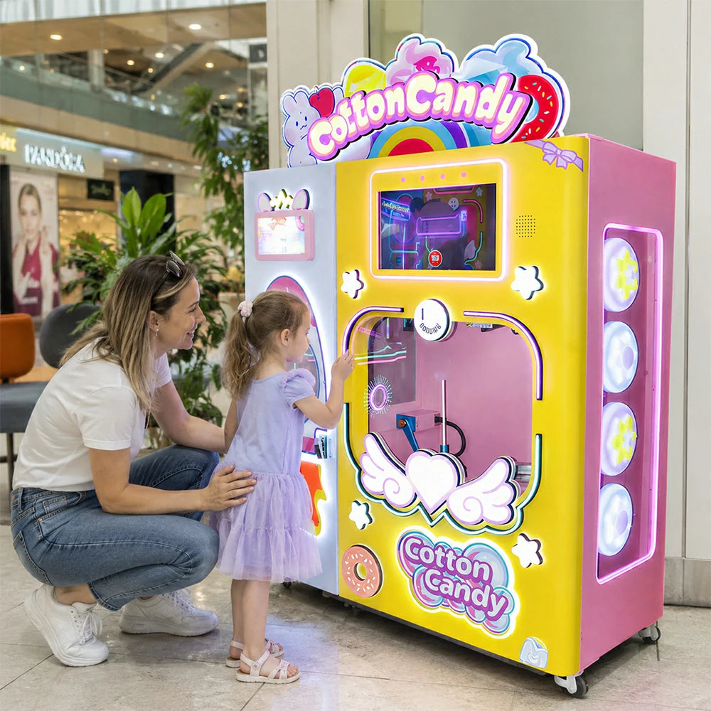 GAMEON Automatic Cotton Candy Machine - Smart Self-Service Candy Vending Machine with Touch Screen, Multiple Flavours & Payment Options for Commercial Use - Yellow