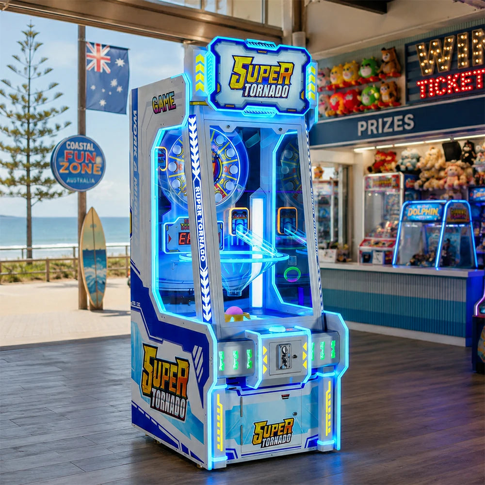 GAMEON Super Tornado Ticket Arcade Machine - Coin Operated Prize Game with LED Lights, Digital Display & Reward System for Entertainment Venues - Blue