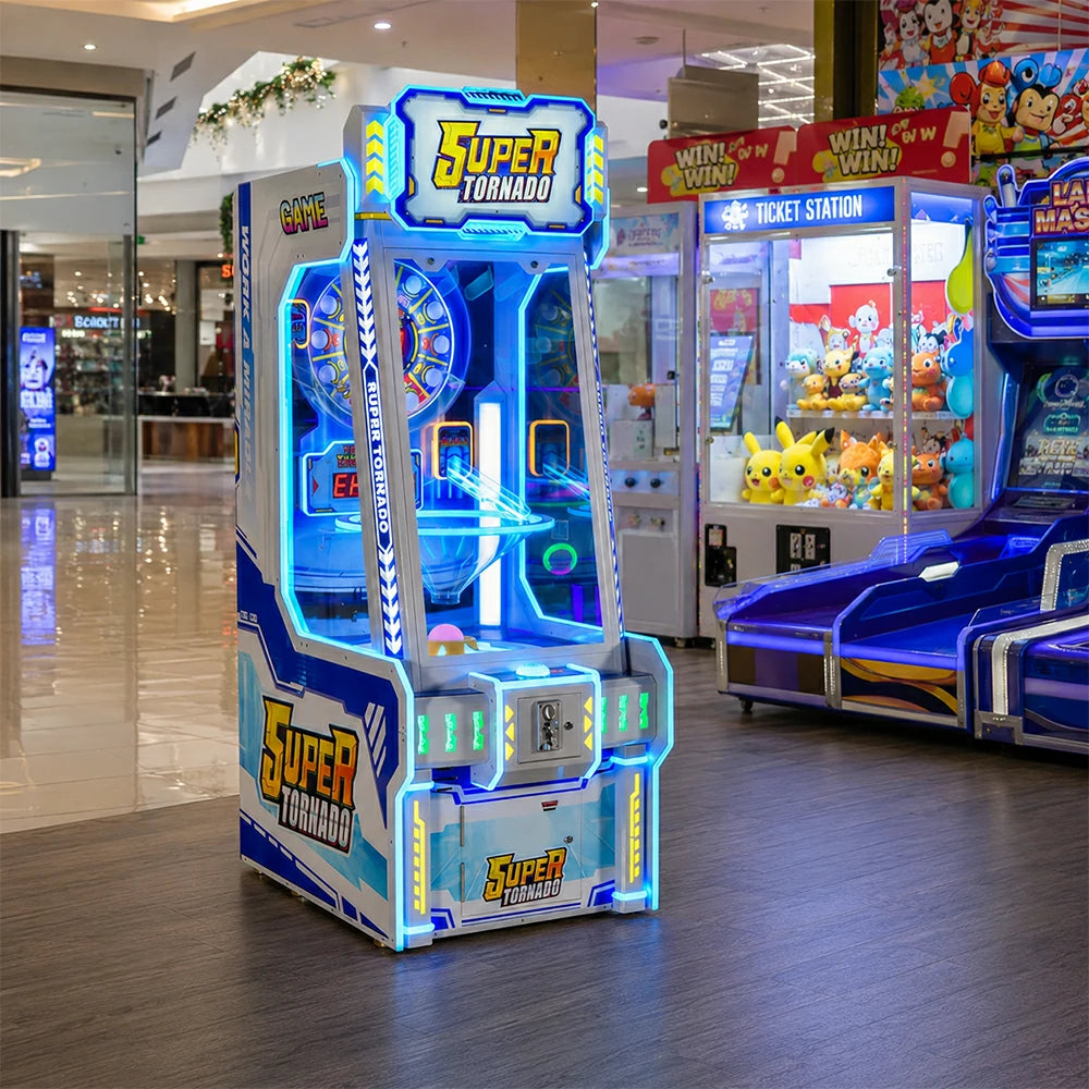 GAMEON Super Tornado Ticket Arcade Machine - Coin Operated Prize Game with LED Lights, Digital Display & Reward System for Entertainment Venues - Blue