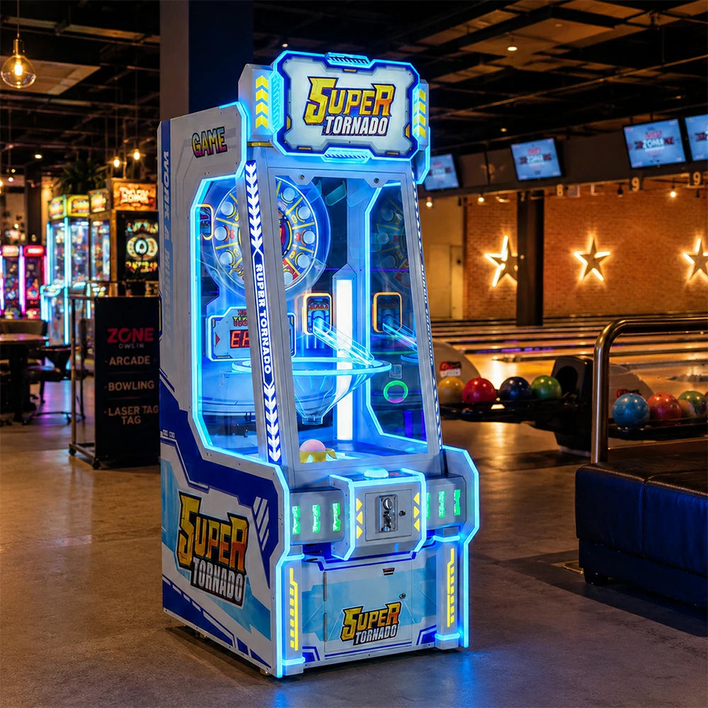GAMEON Super Tornado Ticket Arcade Machine - Coin Operated Prize Game with LED Lights, Digital Display & Reward System for Entertainment Venues - Blue