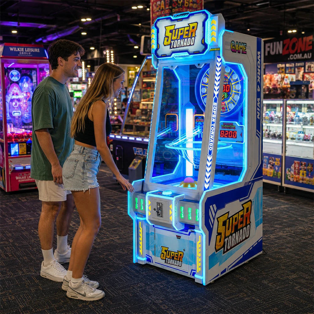 GAMEON Super Tornado Ticket Arcade Machine - Coin Operated Prize Game with LED Lights, Digital Display & Reward System for Entertainment Venues - Blue