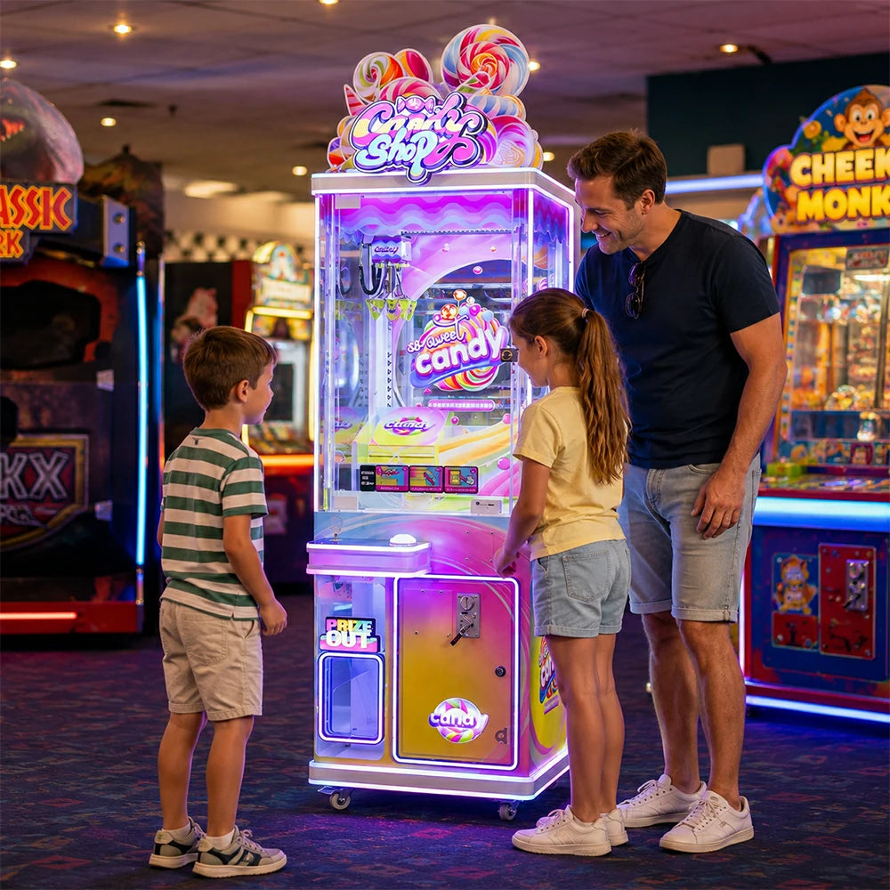 GAMEON Candy Store Prize Machine - Commercial Candy Arcade Game with Glass Display, LED Lights & Coin Operation for Kids Entertainment Venues - White