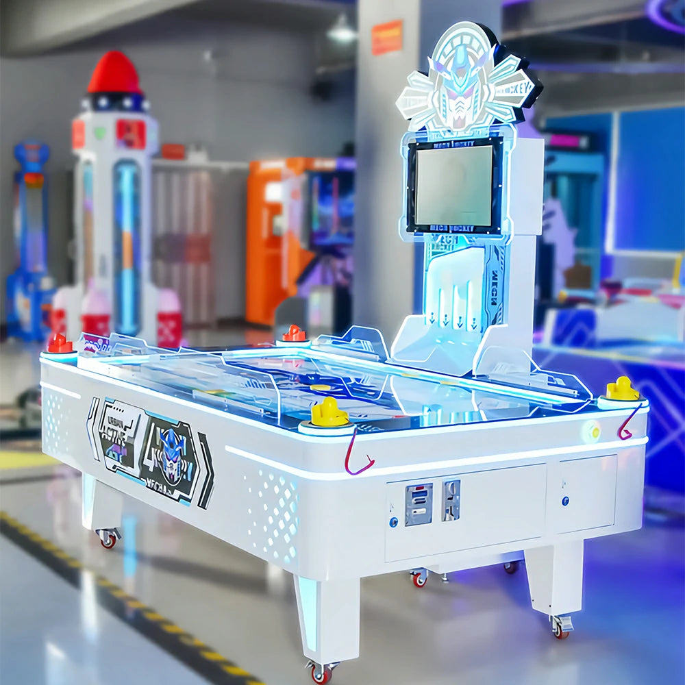 GAMEON Mecha Air Hockey Machine - Dual Player Arcade Hockey Game Table with LED Lights, HD Display & Coin Operation for Entertainment Venues - White