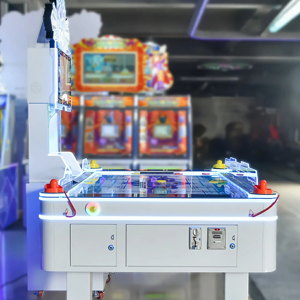 GAMEON Mecha Air Hockey Machine - Dual Player Arcade Hockey Game Table with LED Lights, HD Display & Coin Operation for Entertainment Venues - White