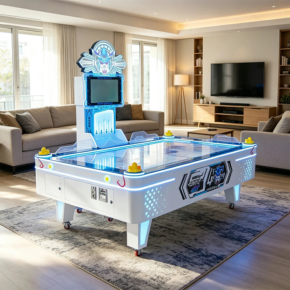 GAMEON Mecha Air Hockey Machine - Dual Player Arcade Hockey Game Table with LED Lights, HD Display & Coin Operation for Entertainment Venues - White