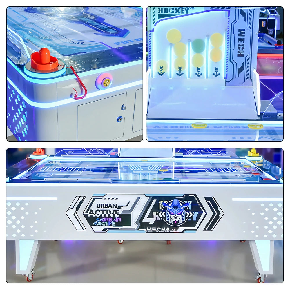 GAMEON Mecha Air Hockey Machine - Dual Player Arcade Hockey Game Table with LED Lights, HD Display & Coin Operation for Entertainment Venues - White