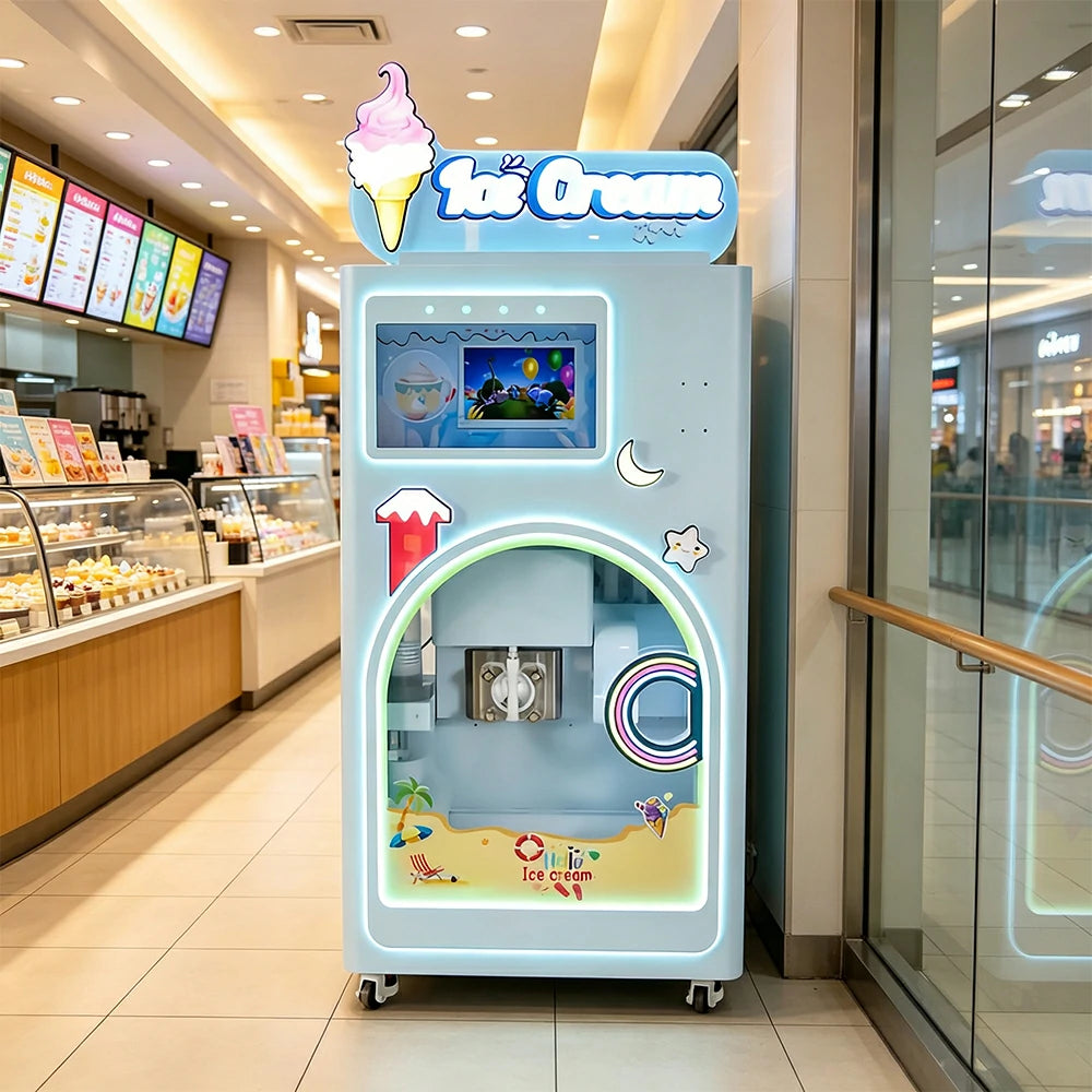 GAMEON Automatic Ice Cream Machine - Smart Self-Service Dessert Vending Machine with Touch Screen, Multiple Flavours & Payment Options for Commercial Use - White