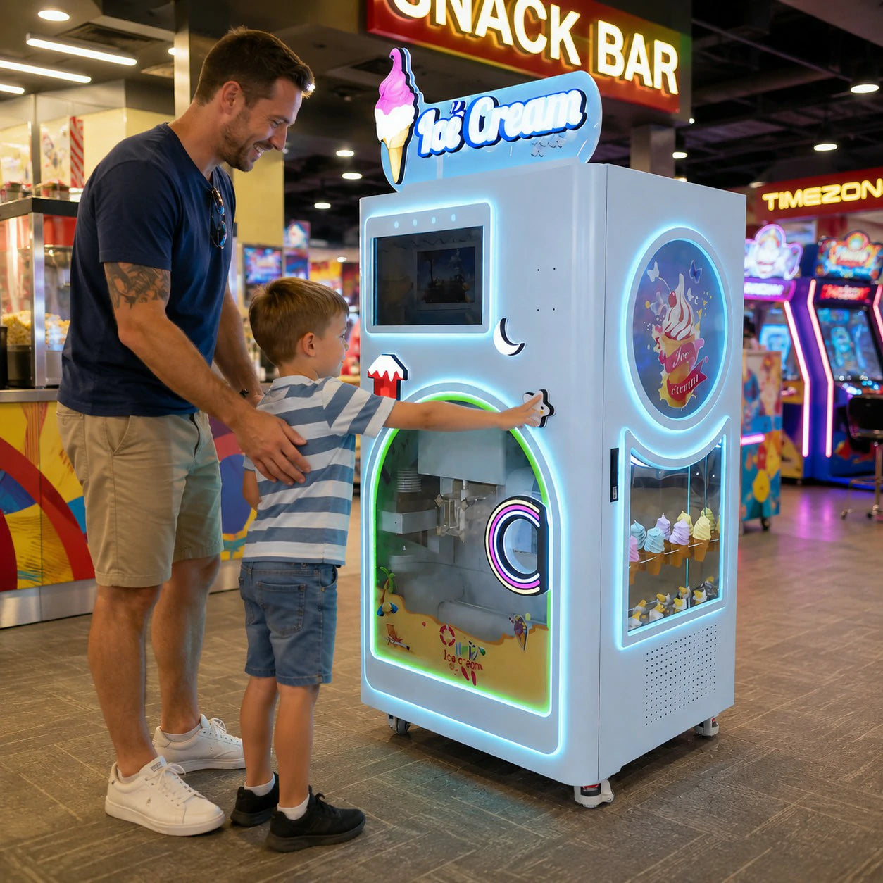 GAMEON Automatic Ice Cream Machine - Smart Self-Service Dessert Vending Machine with Touch Screen, Multiple Flavours & Payment Options for Commercial Use - White