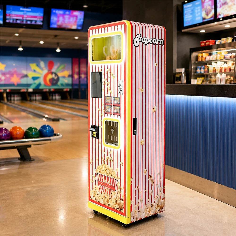 GAMEON Automatic Popcorn Vending Machine - Self Service Popcorn Maker with Touch Screen, Smart Retail System & Commercial Snack Dispenser for Entertainment Venues - Red White