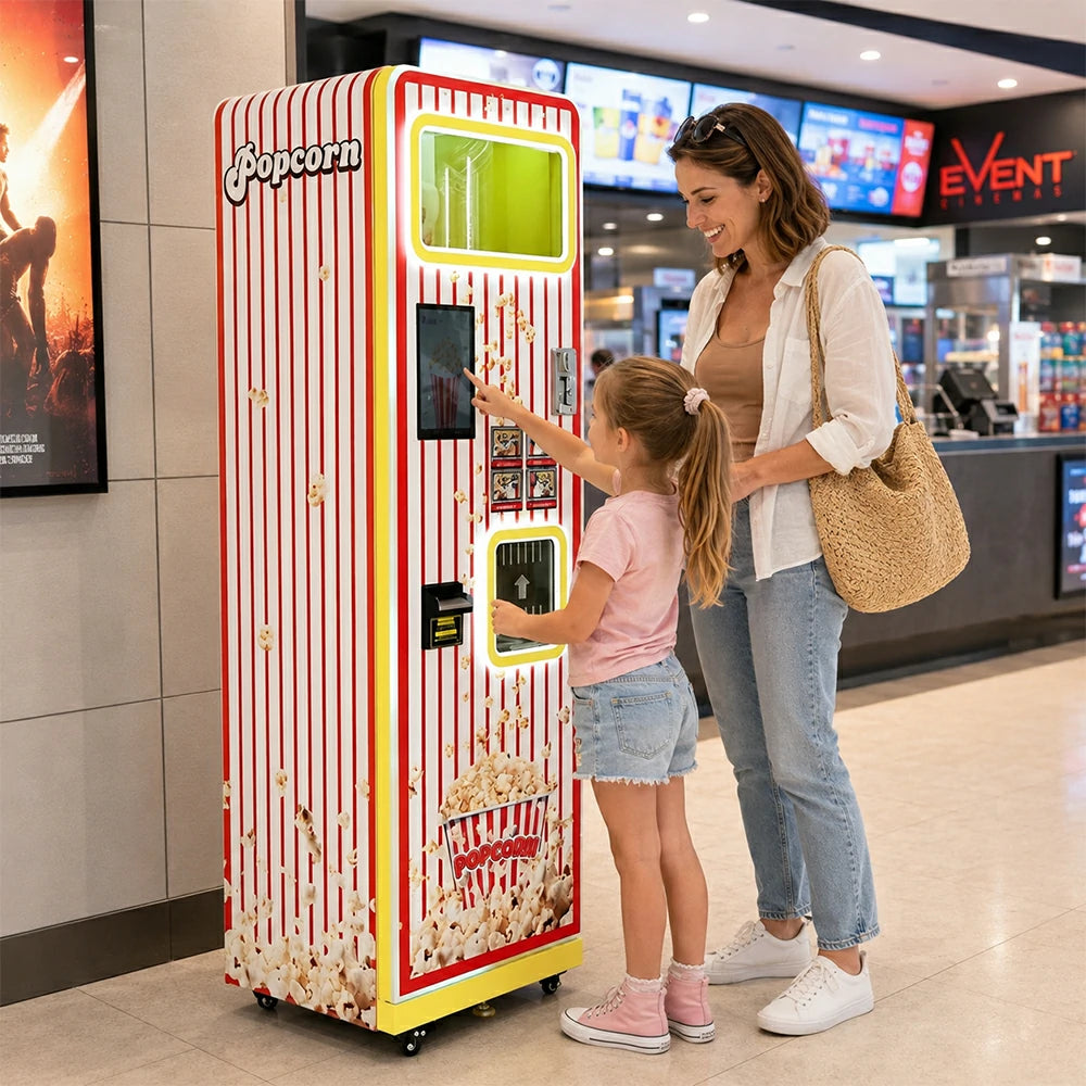 GAMEON Automatic Popcorn Vending Machine - Self Service Popcorn Maker with Touch Screen, Smart Retail System & Commercial Snack Dispenser for Entertainment Venues - Red White