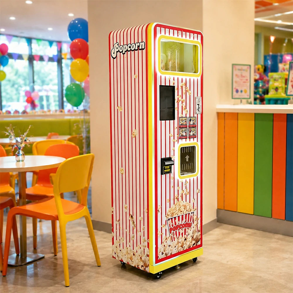 GAMEON Automatic Popcorn Vending Machine - Self Service Popcorn Maker with Touch Screen, Smart Retail System & Commercial Snack Dispenser for Entertainment Venues - Red White