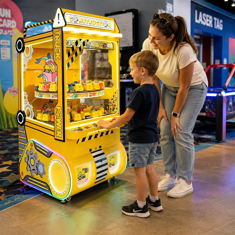 GAMEON Treasure Truck Prize Machine - Coin Operated Arcade Gift Game with Interactive Truck Theme, Prize Display & Reward System for Kids Entertainment Venues - Yellow