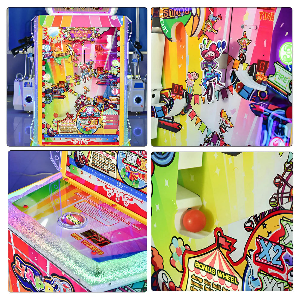 GAMEON Clown Bonus Arcade Machine - Coin Operated Kids Ticket Game with Ball Launch Challenge, Bonus Wheel & Prize Reward System - Colourful