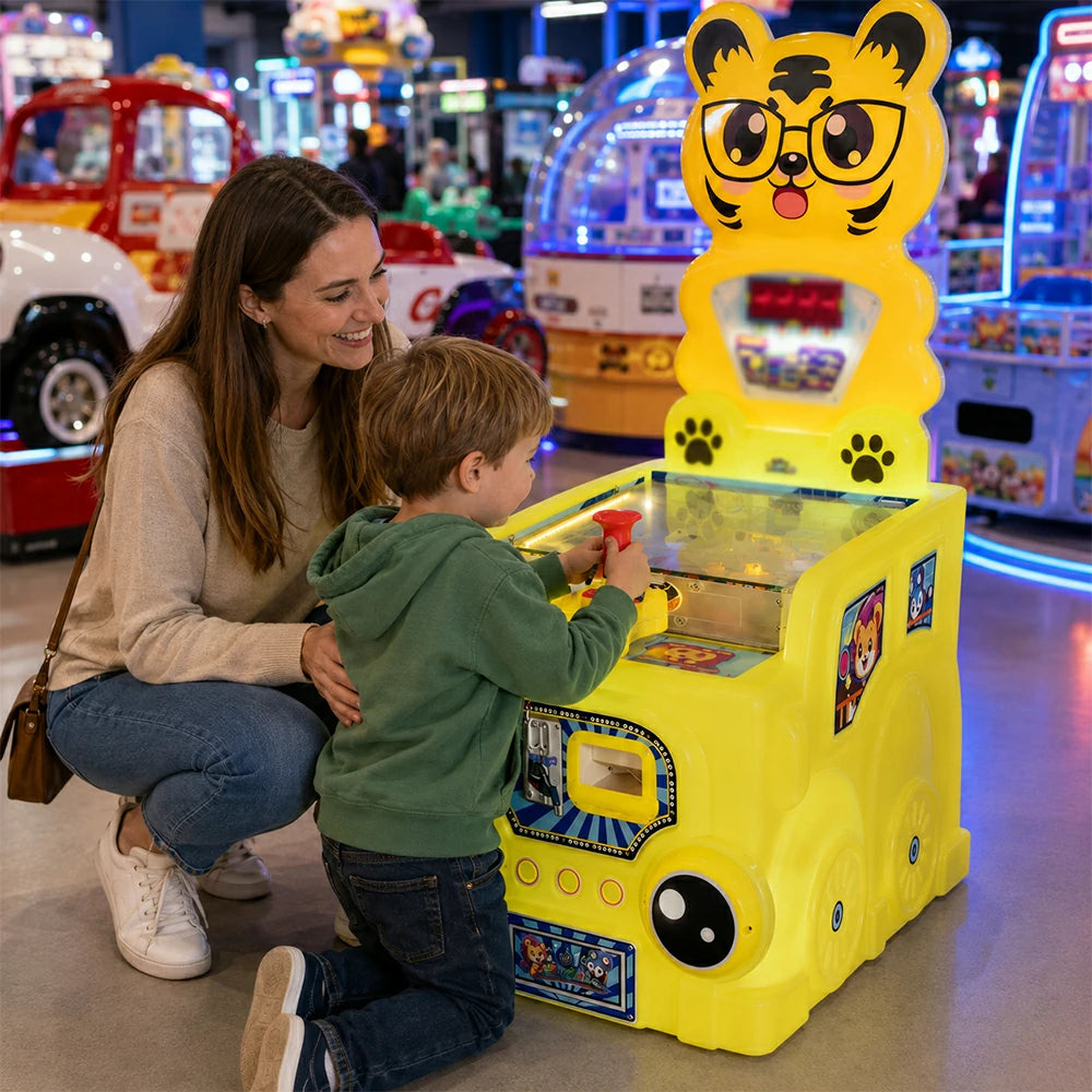 GAMEON Marble Shooting Arcade Machine - Coin Operated Kids Game with Target Shooting Challenge, Score Display & Reward System for Entertainment Venues - Yellow