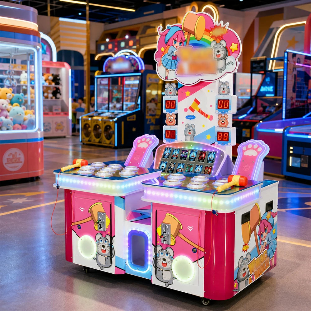 GAMEON Double Player Whack A Mole Machine - Coin Operated Arcade Game with Soft Hammer, Score Display & Ticket Reward System for Kids Entertainment Venues - Pink