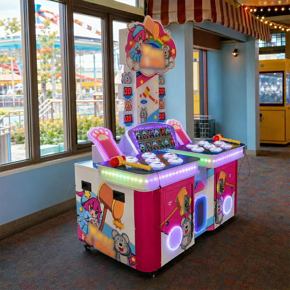 GAMEON Double Player Whack A Mole Machine - Coin Operated Arcade Game with Soft Hammer, Score Display & Ticket Reward System for Kids Entertainment Venues - Pink
