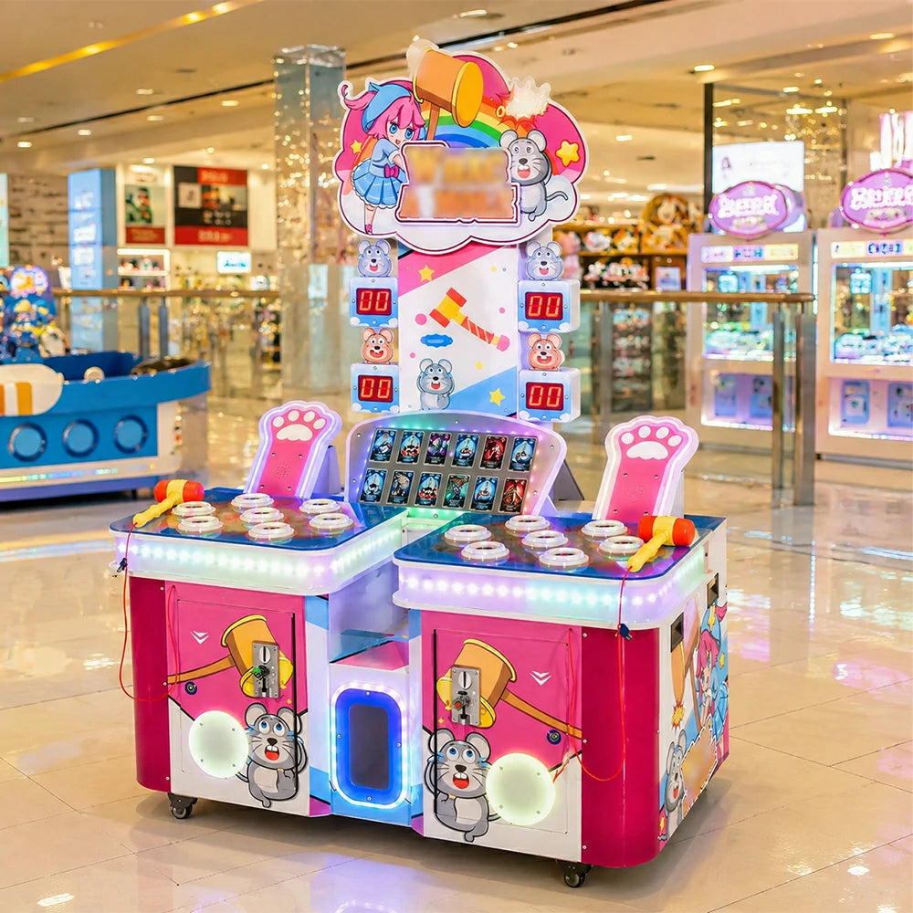 GAMEON Double Player Whack A Mole Machine - Coin Operated Arcade Game with Soft Hammer, Score Display & Ticket Reward System for Kids Entertainment Venues - Pink