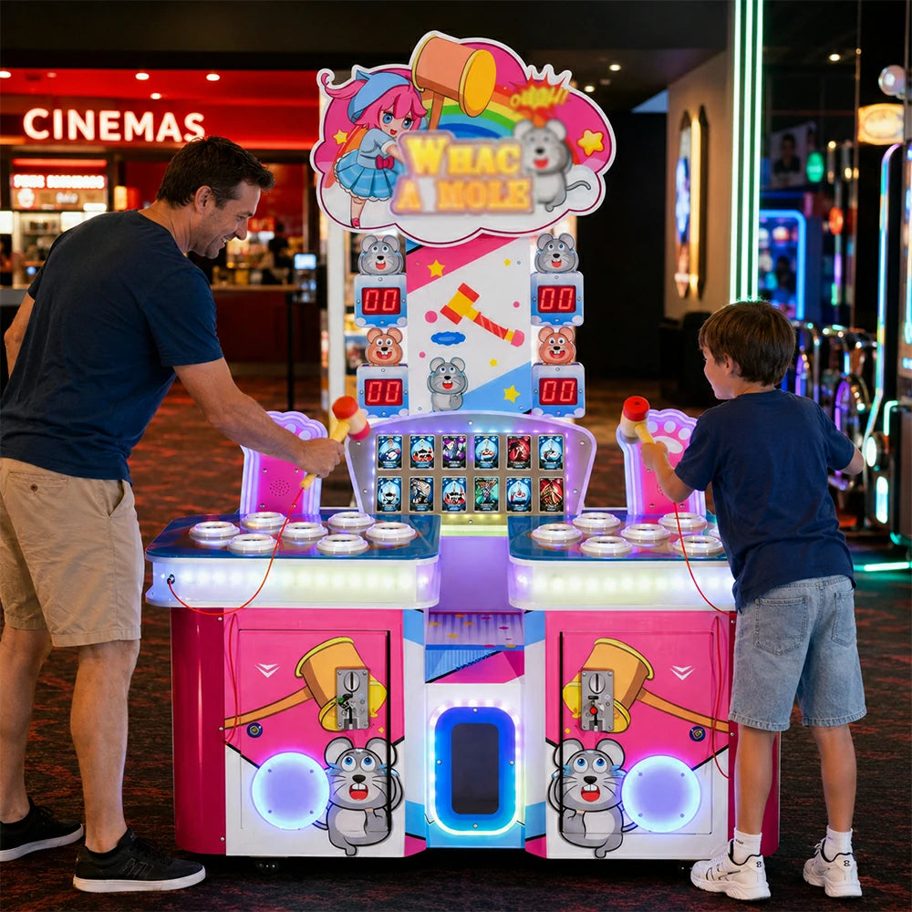 GAMEON Double Player Whack A Mole Machine - Coin Operated Arcade Game with Soft Hammer, Score Display & Ticket Reward System for Kids Entertainment Venues - Pink