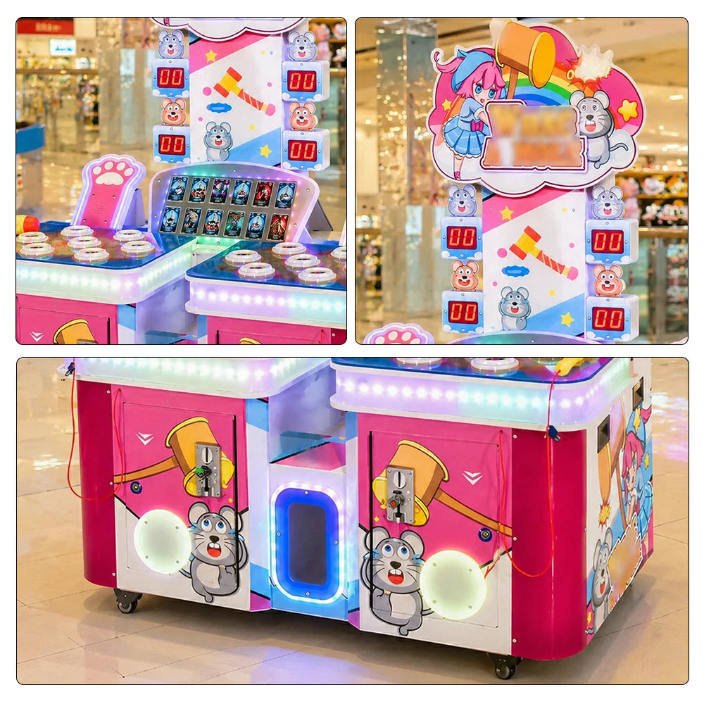 GAMEON Double Player Whack A Mole Machine - Coin Operated Arcade Game with Soft Hammer, Score Display & Ticket Reward System for Kids Entertainment Venues - Pink
