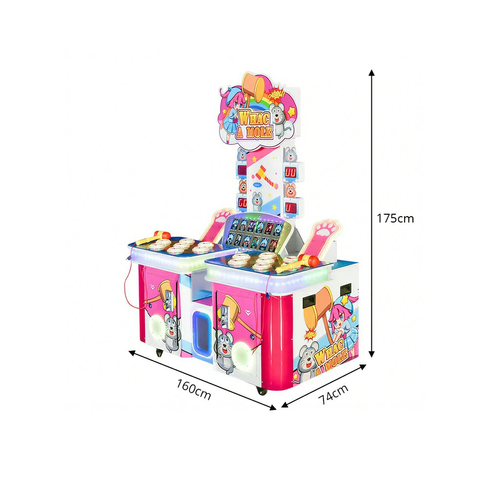 GAMEON Double Player Whack A Mole Machine - Coin Operated Arcade Game with Soft Hammer, Score Display & Ticket Reward System for Kids Entertainment Venues - Pink