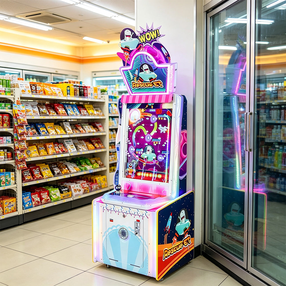 GAMEON Space Rescue Arcade Machine - Coin Operated Ticket Game with Spaceship Control, Interactive Challenge & Prize Rewards for Kids Entertainment Venues - White