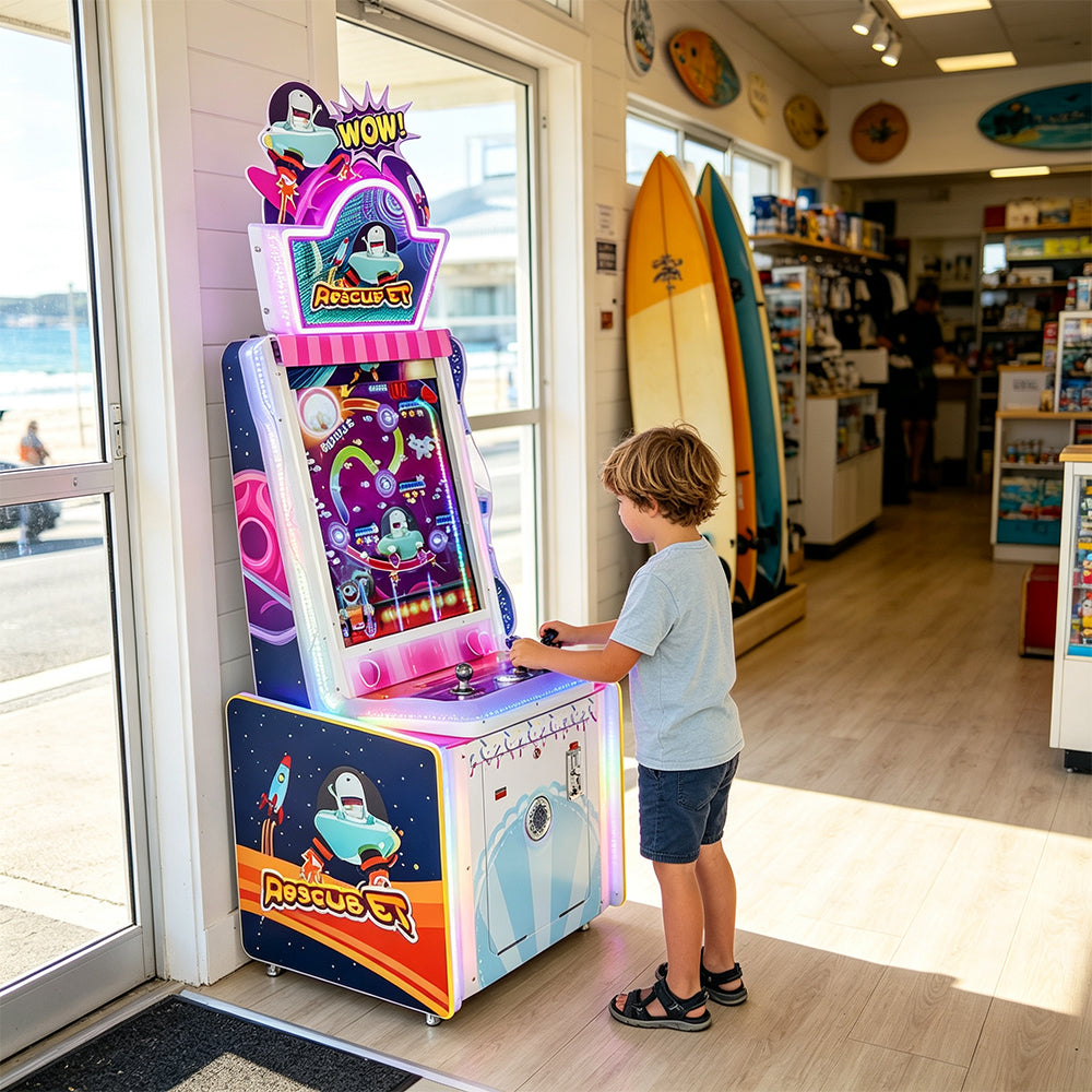 GAMEON Space Rescue Arcade Machine - Coin Operated Ticket Game with Spaceship Control, Interactive Challenge & Prize Rewards for Kids Entertainment Venues - White